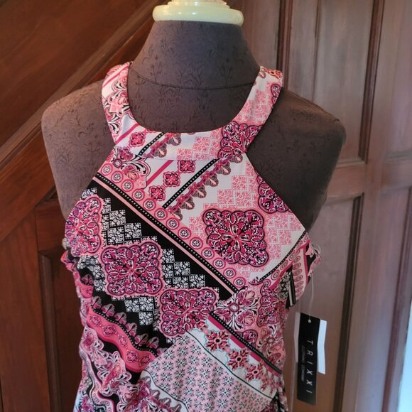 Trixxi Womens Halter Maxi Dress Patchwork Print Black/Pink/White S NWT - Picture 2 of 6